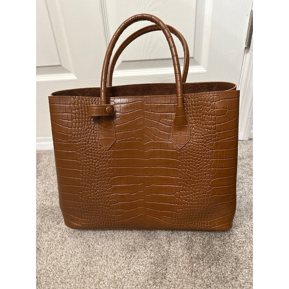 NWT Teddy Blake Vanessa Croco Embossed Italian Leather Tote Bag Cognac Brown - Picture 9 of 9